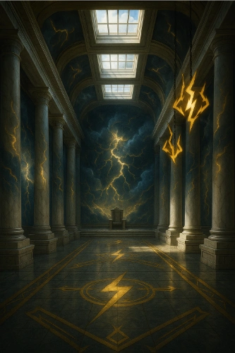 Interior of Zeus's Cabin with thunder-themed murals